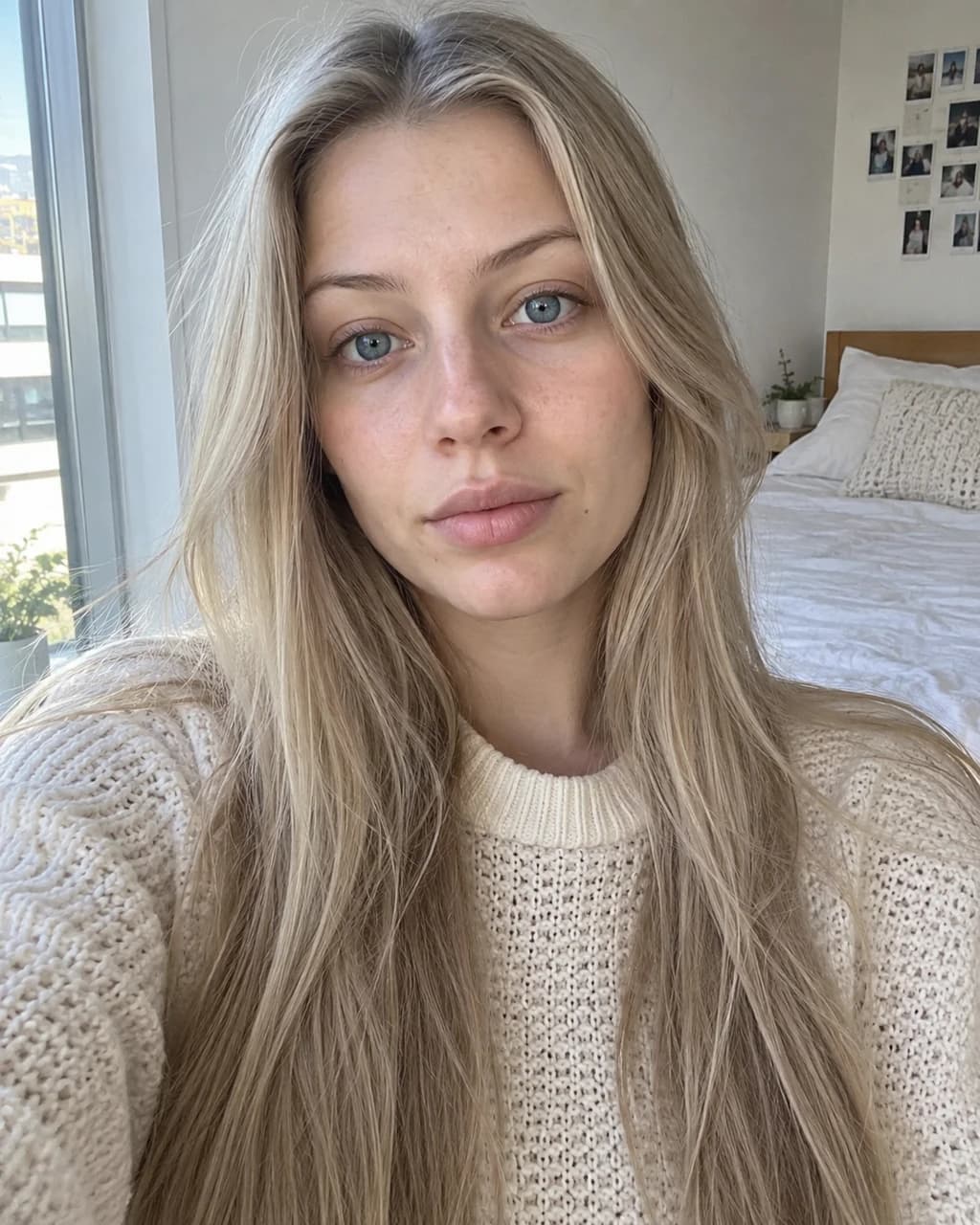 Example person 2: an AI-generated selfie of a woman in her twenties with fair skin, pale ash-blonde hair and light blue eyes.